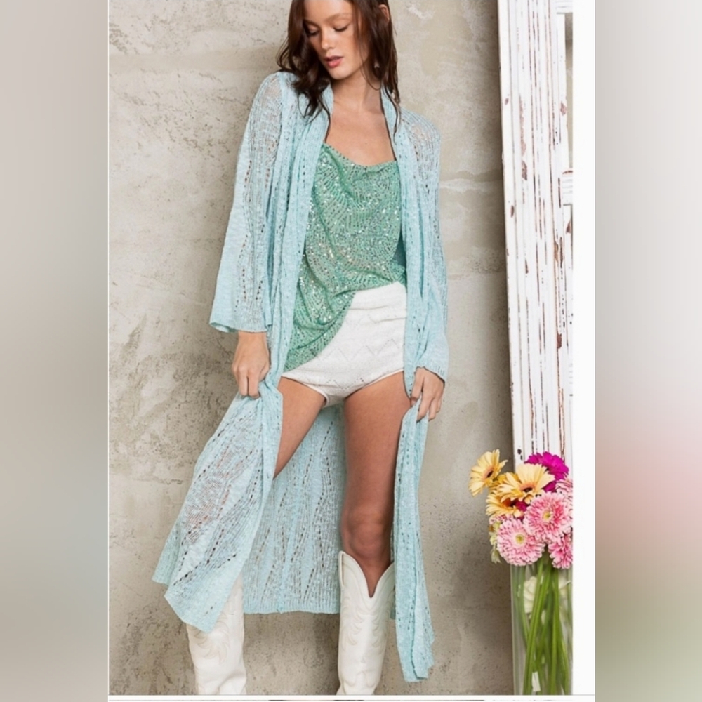 POL Open Front Maxi Cardigan Long Open Knit Sweater Beach Cover Up Kimono Duster